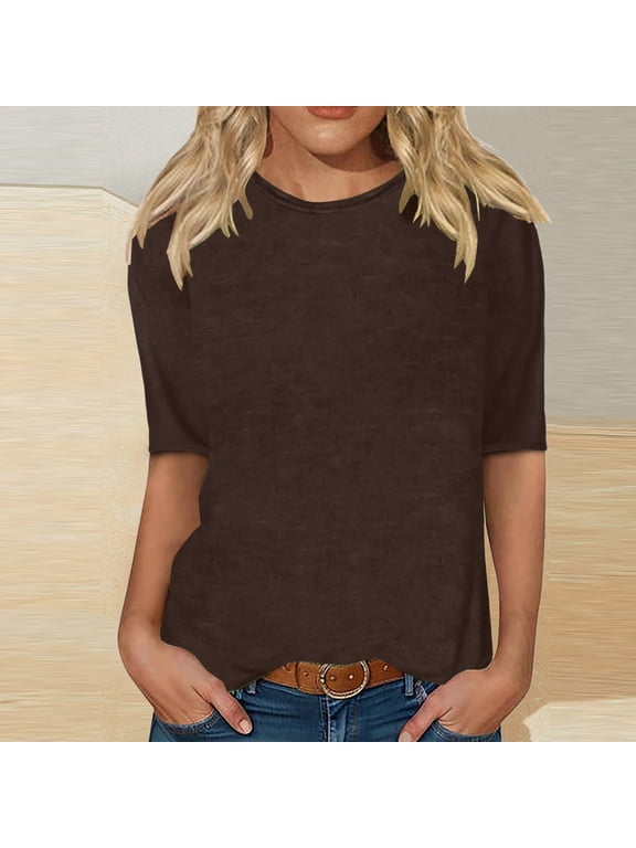 Plain Blouses for Women Business Casual Outerwear Elbow-Length Brown Blouses Crew Neck Tops