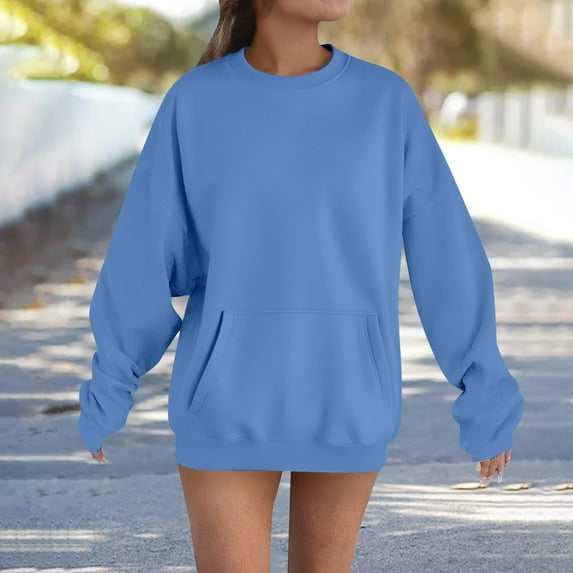 Blmnix Plain Football Sweatshirts for Women Work Blue Pullover Work Tops for Women Long Sleeve Crew Neck Workwear Tops