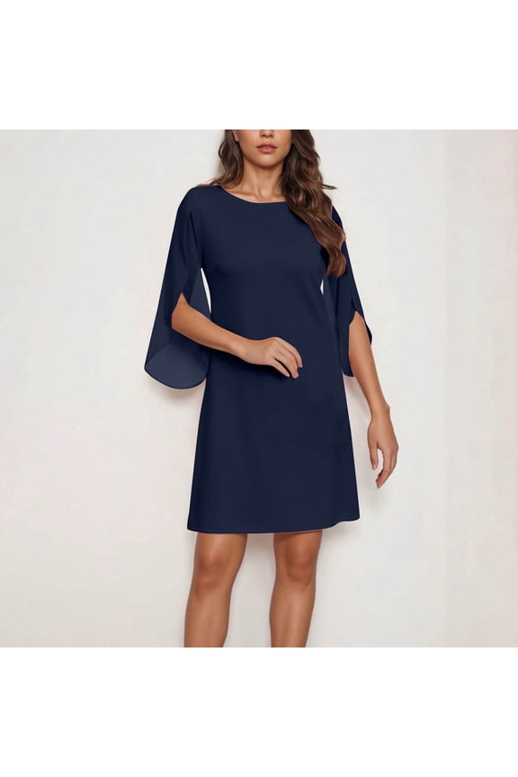 Plain Womens Dresses Mini Navy A-Line Fashion 3/4 Sleeve Petal Sleeve Crew Neck Dresses