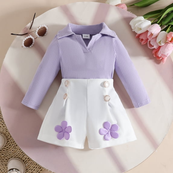 Blmnix Pleated 2 Piece Outfits Cute Outfits Fall Outfits Sweater Set Purple Long Sleeve Collared Summer Outfits 12-18 Month