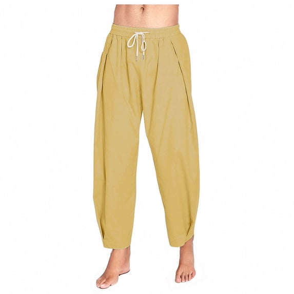 Blmnix Pleated Men's Pants Cotton Pants Beach Pants Relaxed Fit Pants Yellow Taper Ankle Low Rise Casual Pants for Men,M