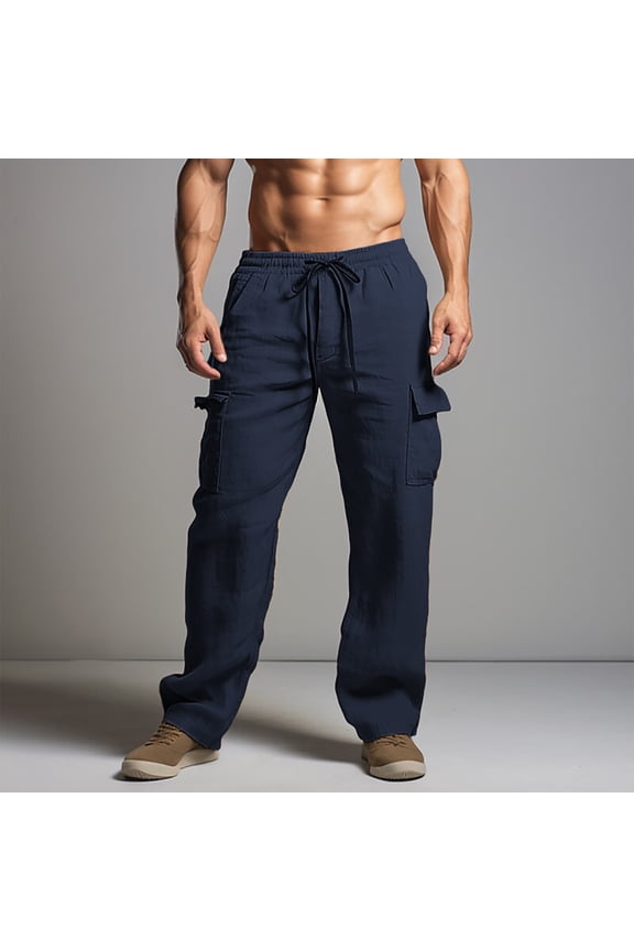 Pleated Pants Men Beach Pants Linen Pants Relaxed Fit Jean Blue Straight-Leg Long Low Rise Summer Pants,M