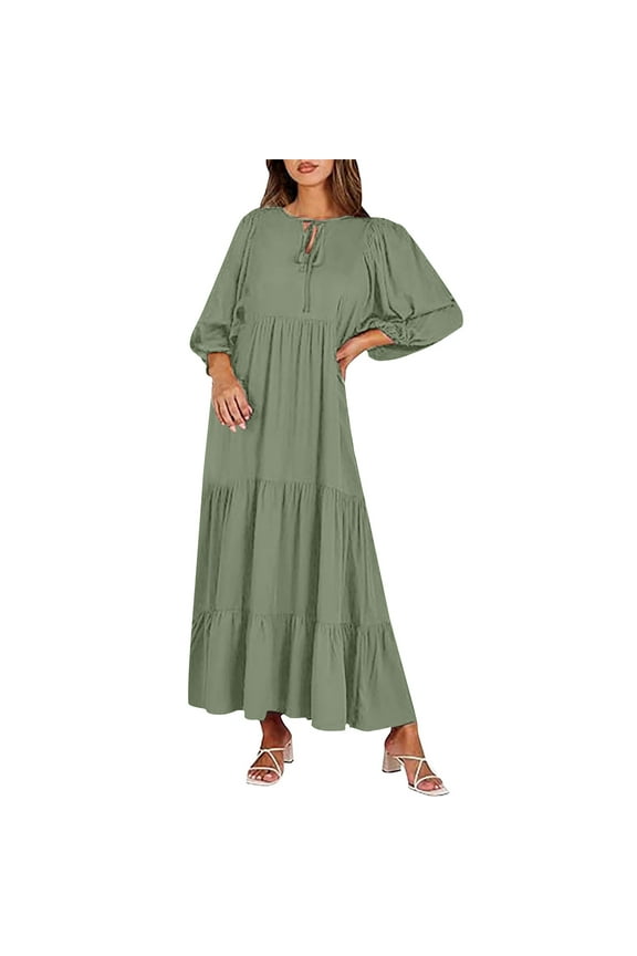 Pleated Wedding Guest Dresses for Women Tea-Length Casual Smock Dress 3/4 Sleeve Tie Neck Green Spring Skirts for Women,L
