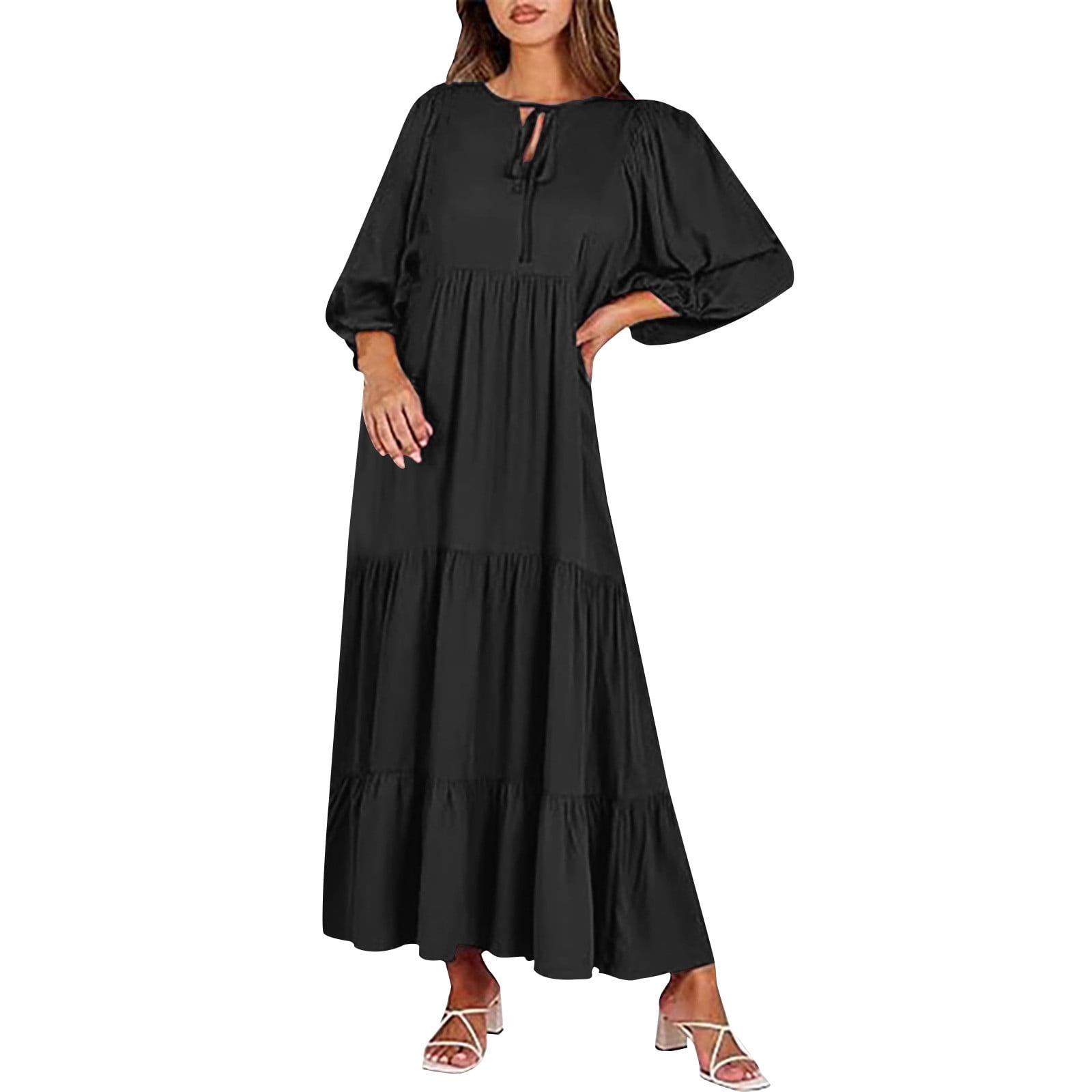 pleated black tie wedding guest dress Blmnix Pleated Wedding Guest Dresses for Women Casual Tea-Length Smock Dress 3/4 Sleeve Tie Neck Black New Years Eve Dress Women,S