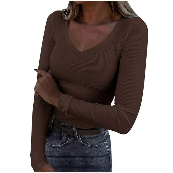 Blmnix Plus Size Blouses for Curvy Women Buttery Soft Brown V-Neck Womens Shirts Dressy Casual Long Sleeve Stretch Tops
