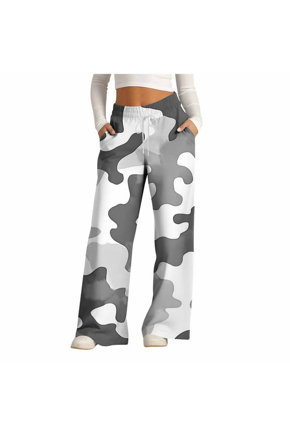 Plus Size Business Casual Pants for Women Camouflage Pants Palazzo Jeans Wide-Leg Baggy High Long Warm Pants for Women,L