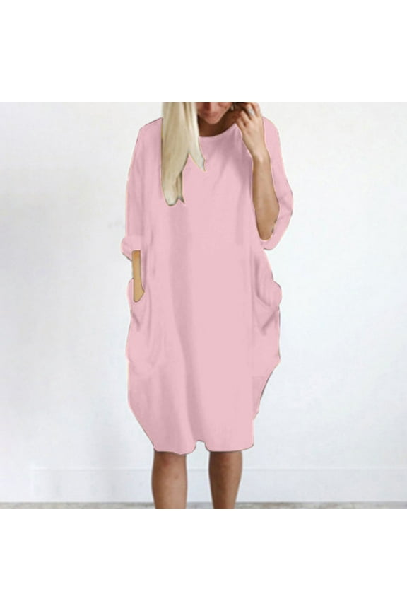 Blmnix Plus Size Fall Womens Dresses Mid-Length Pink Modest Pocket Long Sleeve Shirt Dress Dresses for Woman Date Night