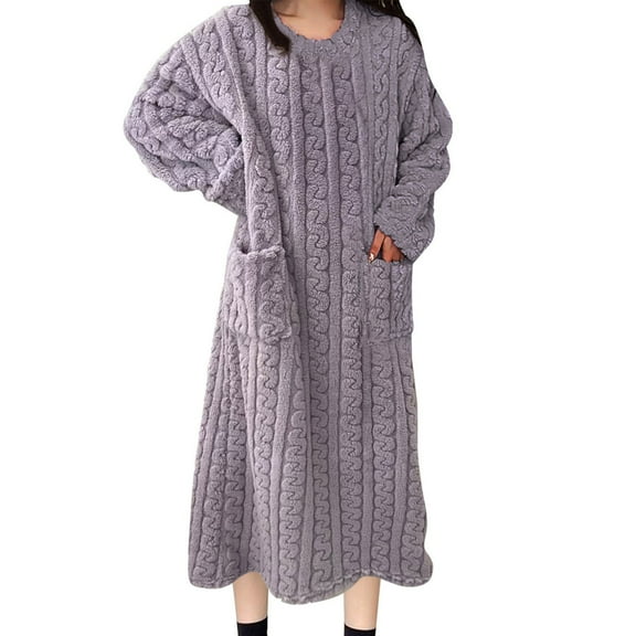 Blmnix Plus Size Nightgowns for Women Long Sleeve Fleece Warm Flannel Sleepshirts Comfy V-Neck Purple Sleep Dress