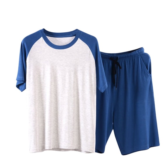 Blmnix Plus Size Pajamas Men Pjs Sets Sleepwear Sets Bamboo Pajamas Pajama Crew Neck Short Sleeve Blue Cropped Mens Pajama Shorts,XXXXL