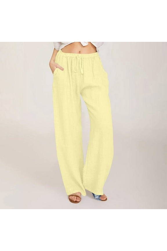 Plus Size Sweat Pants for Womens Pleated Cotton Pants Pajamas Yellow Wide-Leg Long High Snowpants for Womens,S