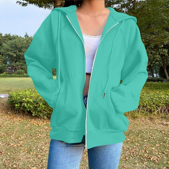 Blmnix Plus Size Sweatshirt Plain Mint Green Zip-Up Business Womens Business Tops Novelty Long Sleeve Hooded Tops