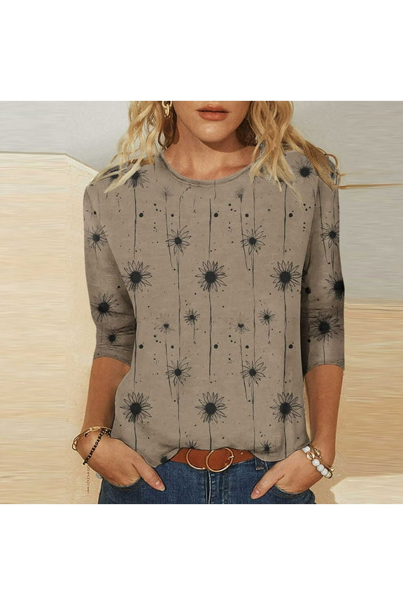Plus Size Tops Yellow Flower Fashion Athleisure Womens Tshirt Tops Crew Neck 3/4 Sleeve Blouses