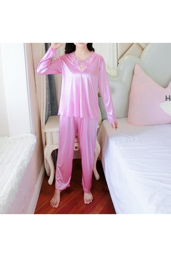 Plus Size Valentines Pjs Women Sleepwear Sets Silk Pajamas Pjs Pink Lace Neckline Full Long Sleeve Women Pjs Sets,XXXXL