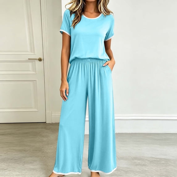 Blmnix Plus Size Women's Pajamas Sleepwear Sets 2 Piece Modal Pajamas Women Pjs Sets Blue Crew Neck Wide-Leg Short Sleeve Long Womens Summer Pajamas,XXL
