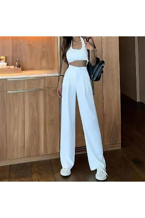 Plus Size Women's Pants Pleated Dress Pants Bottoms Wide-Leg Full High White Wide Leg Trousers Women,L