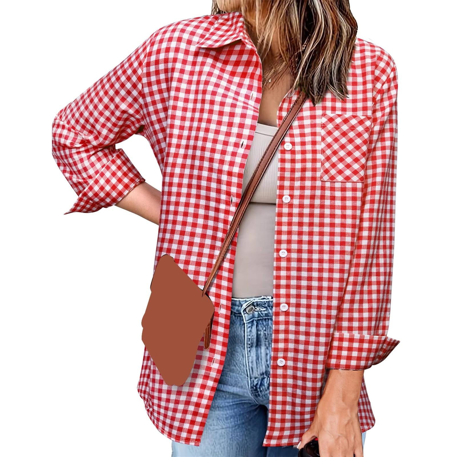 Plus Size Women Retro Plaid Summer Cotton Button Up Shirt main image 0