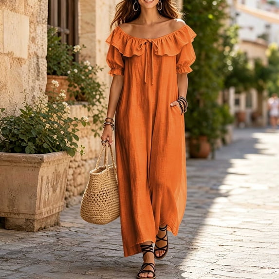 Blmnix with Pockets Dresses for Women 2026 Off The Shoulder Peplum Long Summer Dresses Dress Short Sleeve Cocktail-Length Boat Neck Orange Summer Dresses for Women M
