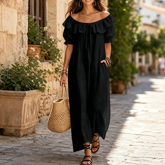 Blmnix with Pockets Dresses for Women 2026 Off The Shoulder Peplum Long Summer Dresses Under Dresses Boat Neck Cocktail-Length Black Short Sleeve Casual Dresses for Women Summer L
