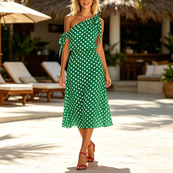 Blmnix Polka Dot Dress Dresses for Women One Shoulder Fit & Flare Plus Size Dresses for Curvy Petticoat Sleeveless Boat Neck Green Cocktail-Length Sundresses for Women M