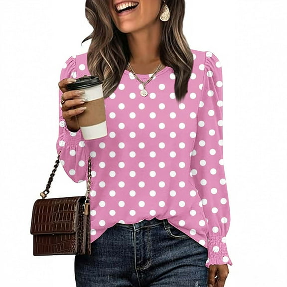 Blmnix Polka Dot Ladies Blouses Fashion Relaxed Pink Blouses for Women Crew Neck Long Sleeve Blouses