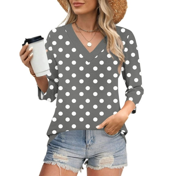 Blmnix Polka Dot Women Tops Athleisure Teacher Blouses for Women Gray V-Neck 3/4 Sleeve Tops