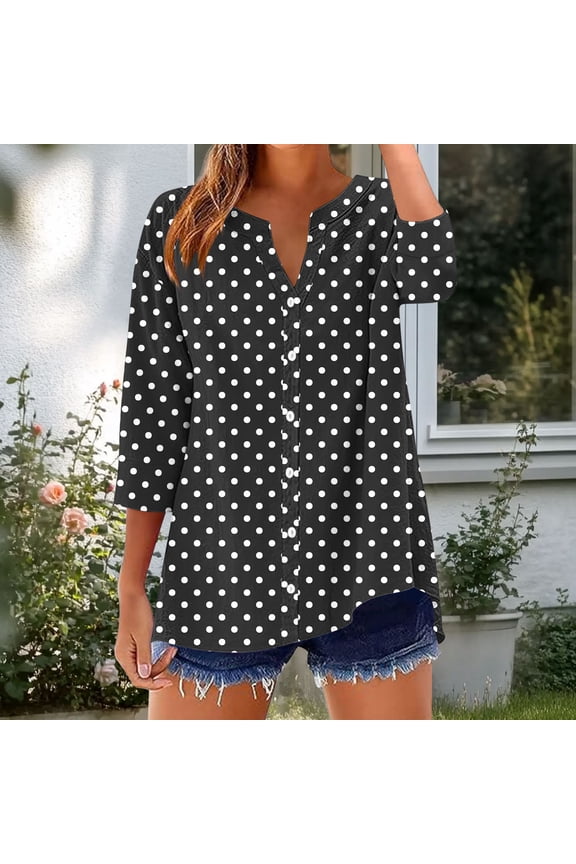 Polka Dot Womens T Shirts Loose Fit Button Down Dark Gray Fall Basic Work Out Shirts V-Neck 3/4 Sleeve Blouses
