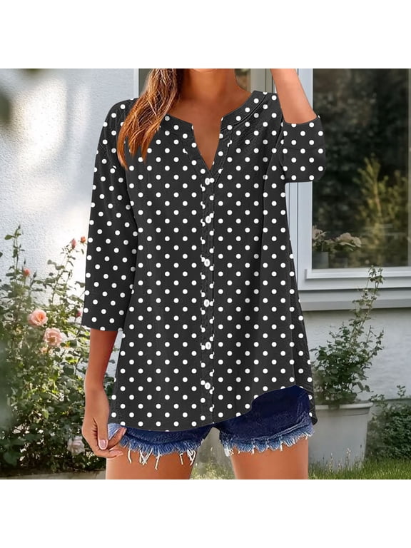 Polka Dot Womens T Shirts Loose Fit Button Down Dark Gray Fall Basic Work Out Shirts V-Neck 3/4 Sleeve Blouses