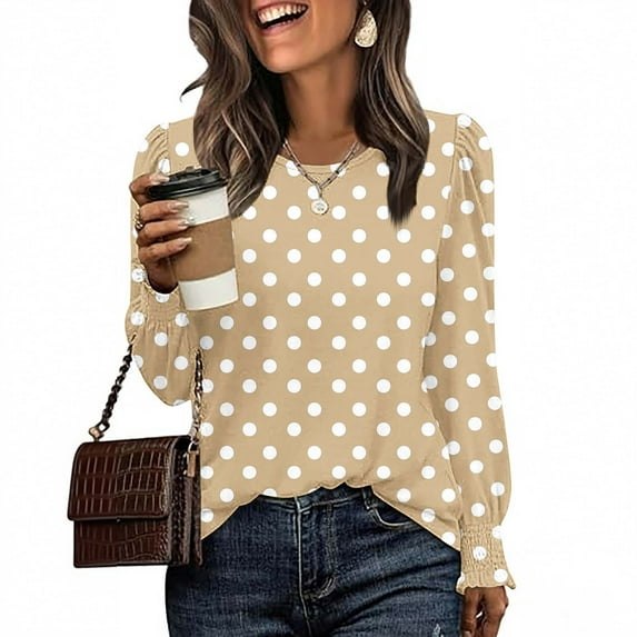 Blmnix Polka Dot Work Out Shirts Khaki Relaxed Casual Pullover Oversized Tees Long Sleeve Crew Neck Blouses