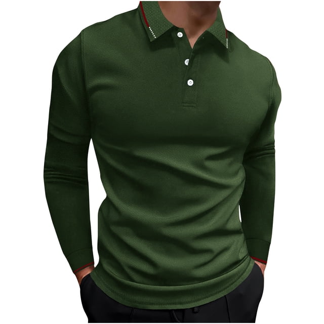 Blmnix Polo Shirts Men Shirt Pullover Cotton T Shirts T-Shirts Long Sleeve Green Collared Plain Tshirts for Men,L