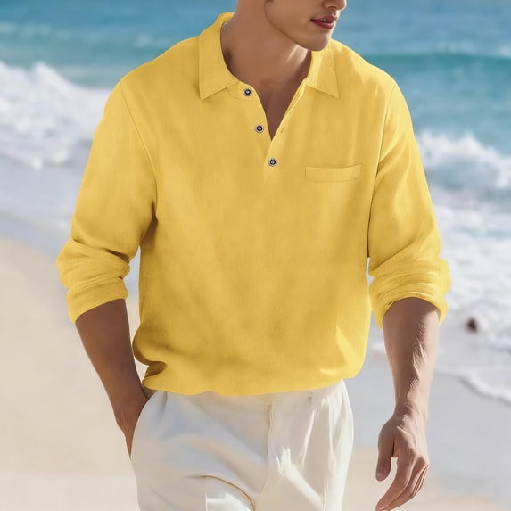 Blmnix Polo Shirts Shirts for Men Linen Shirts Pullover T-Shirts Yellow Collared Long Sleeve Athletic Shirts for Men,L