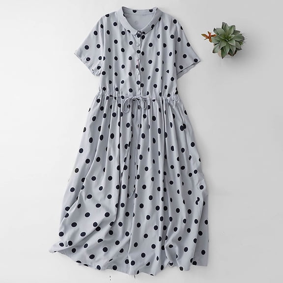 Blmnix Polo Summer Dresses for Women Waisted Polka Dot Skirts Collared Blue Short Sleeve Spring Dress,L