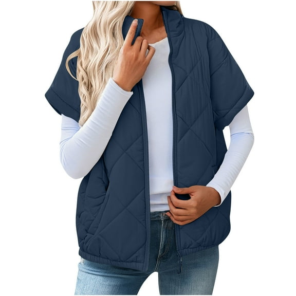 Blmnix Puffer Fall Jacket Zip-Up Casual Navy Blue Thermal Gym Tops for Women Short Short Sleeve Tops