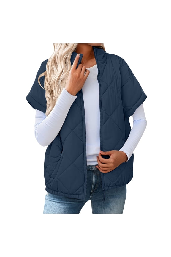 Puffer Fall Jacket Zip-Up Casual Navy Blue Thermal Gym Tops for Women Short Short Sleeve Tops