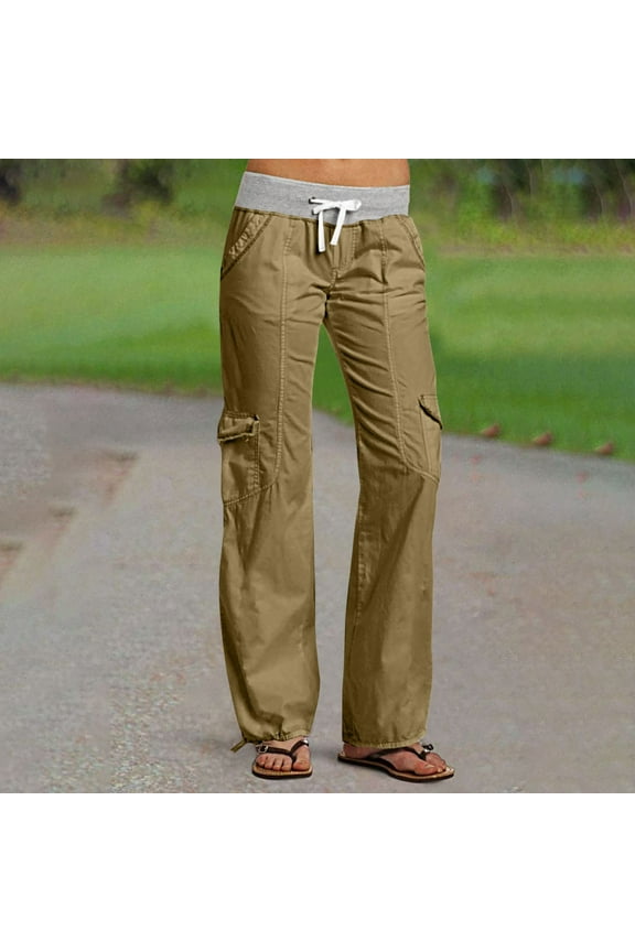 Blmnix Pull-On Pants for Woman Parachute Brown Wide-Leg Straight Leg Full High Waist Cargo Juniors Pants Stretchy