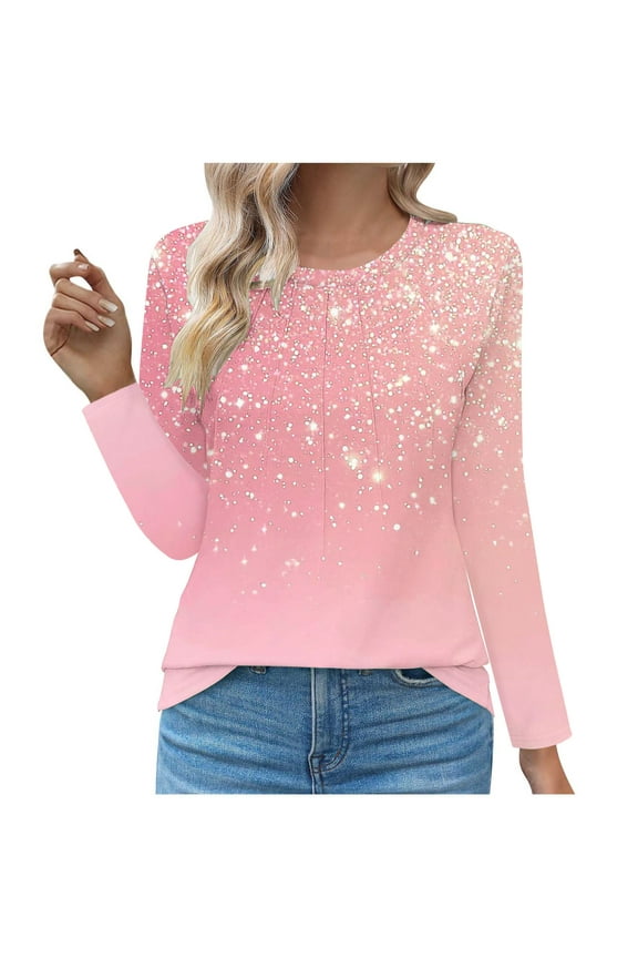 Pullover Holiday Shirts for Women Oversized Cotton Blouses Crew Neck Long Sleeve Pink Cute Winter Tops,L