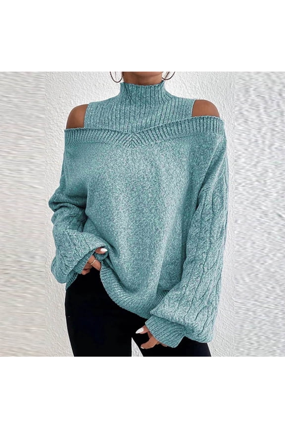 Pullover Ladies Off Shoulder Sweaters Green Long Sleeve Turtleneck Clothes for Women