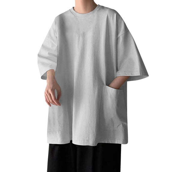 Blmnix Pullover Men's T-Shirts Big And Tall Cotton T Shirts Pocket Tee Tops Gray Crew Neck Elbow-Length Sweatshirt for Mens,M