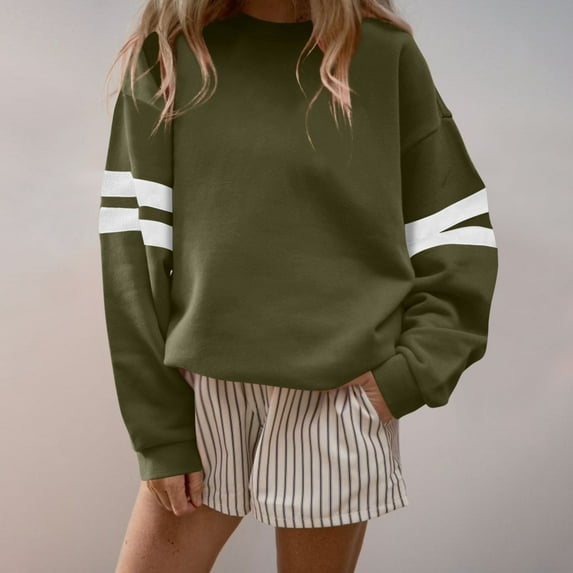 Blmnix Pullover Polo Hoodie Athleisure Army Green Basic Tee Women's Plus Size Tops Crew Neck Long Sleeve Workwear Tops