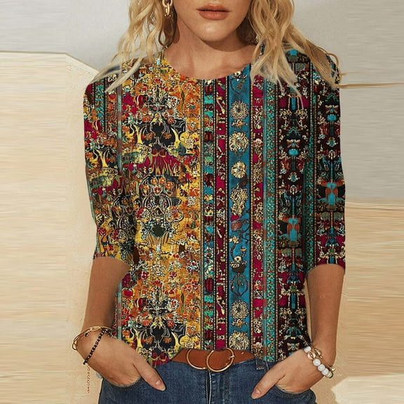 Blmnix Pullover Shirts for Women Paisley Print Bohemian Women Shirts 3/4 Sleeve Crew Neck Tops