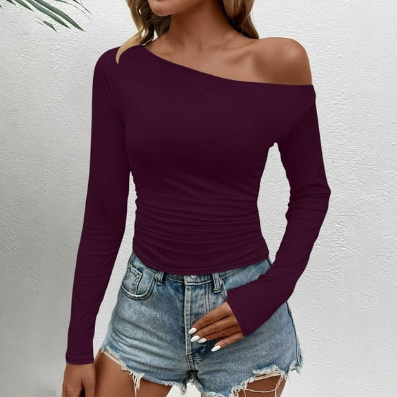 Blmnix Pullover Spring Shirts for Women 2026 Sexy Fitted T-shirts Long Sleeve Purple Boat Neck Cute Going Out Tops for Women,XL