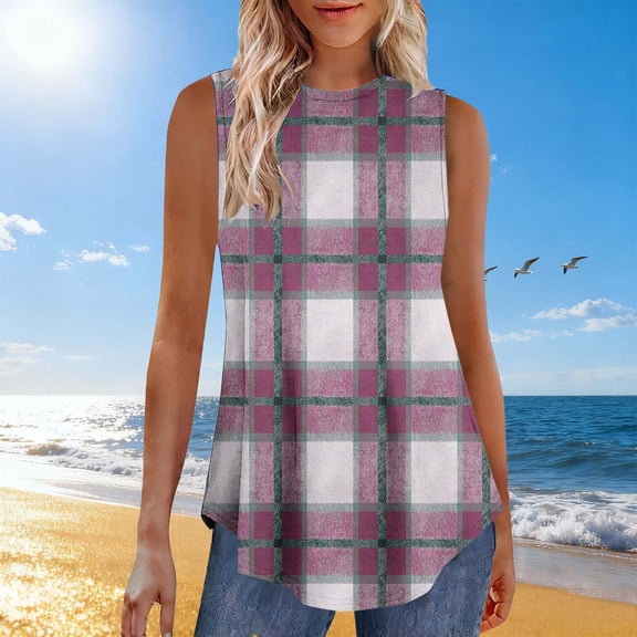 Blmnix Pullover Wife Shirts Tunic Tops Plaid Shirts Tops Purple Crew Neck Sleeveless Women's Tops, Tees & Blouses