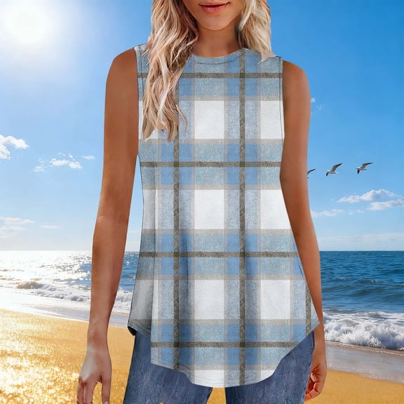 Blmnix Pullover Wife Shirts Tunic Tops Plaid Shirts Tops Sleeveless Blue Crew Neck Boho Tops for Women