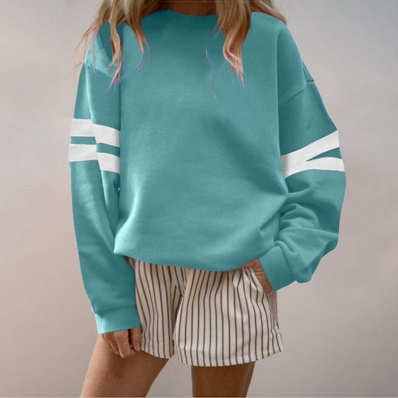 Blmnix Pullover Women's Sweatshirt Patchwork Sky Blue Travel Sweatshirt Gym Clothes Crew Neck Long Sleeve Tops