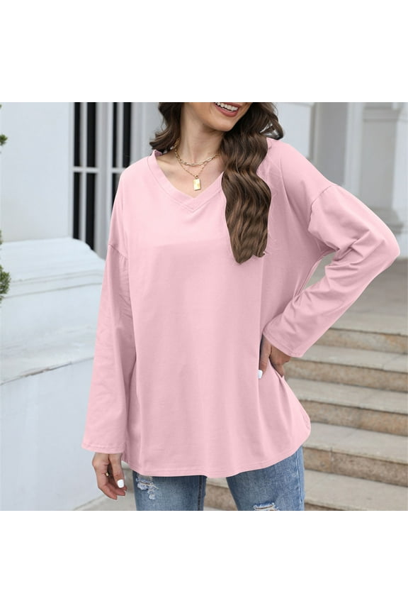 Rapper Graphic Tees Pink V-Neck Solid Color Athletic Tops Long Sleeve Athleisure cotton Tops