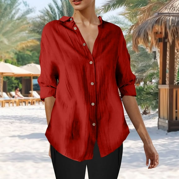 Blmnix Red Button Up Shirt Women Tunic Solid Color Blouse V-Neck Long Sleeve Shirts