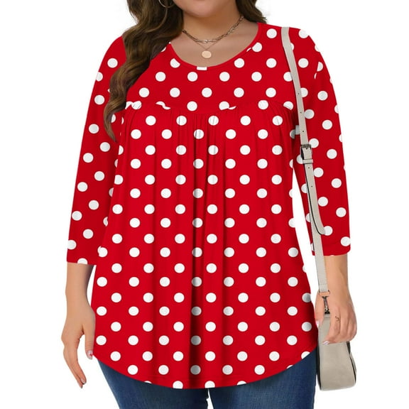 Blmnix Red Fitted Tees for Women V-Neck Polka Dot Flowy Festival Tops 3/4 Sleeve Workwear Shirts
