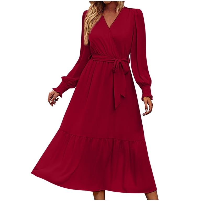 modest night out dresses Blmnix Red Tea Party Dresses for Women Long Modest Tiered Plus Size Long Sleeve Wrap Womans Dresses Date Night, Women's, Size: 4,6,8,10,12,14,16,18,20