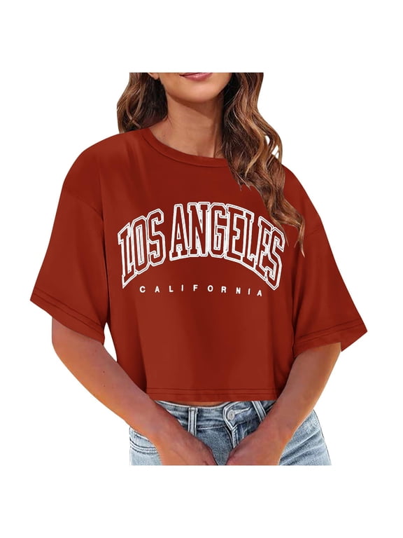 Blmnix Red Tops for Women Short Sleeve Summer Casual Letter Crew Neck Crop Los Angeles Tops for Teen Fasion