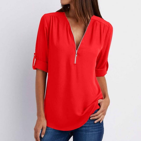 Blmnix Red Womens Tops Short Sleeve Half Zip Solid V Neck Loose T-Shirts Shirts Trendy