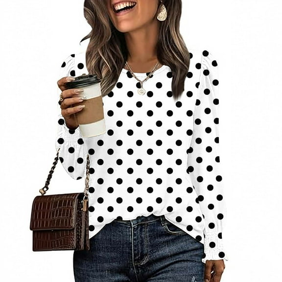 Blmnix Relaxed Cute Tops for Women Pullover Fashion Polka Dot White Cute Graphic Tees for Women Long Sleeve Crew Neck Blouses